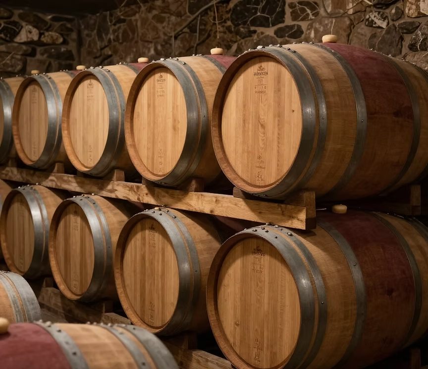 Rows of oak wine barrels