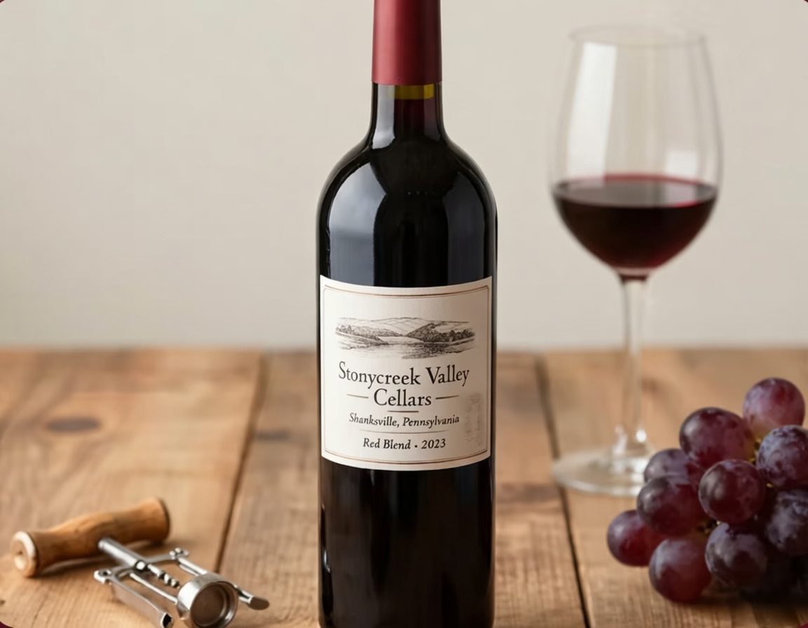 A bottle of Stonycreek Valley red wine with a glass